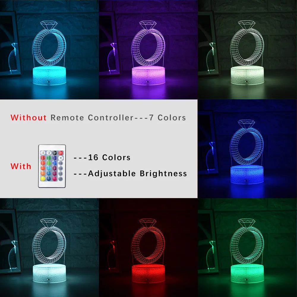 3D LED night light showing a holographic diamond ring design with colour-changing glow on a black base.