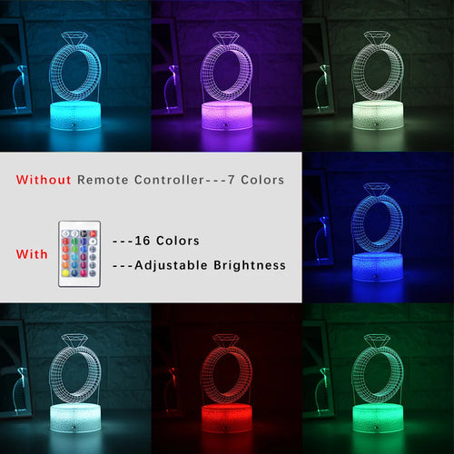 3D LED night light showing a holographic diamond ring design with colour-changing glow on a black base.
