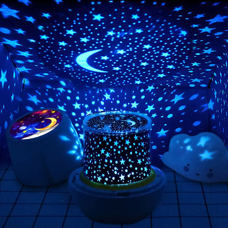 Pruixin projector night light showing rotating star pattern projection on a bedroom wall.