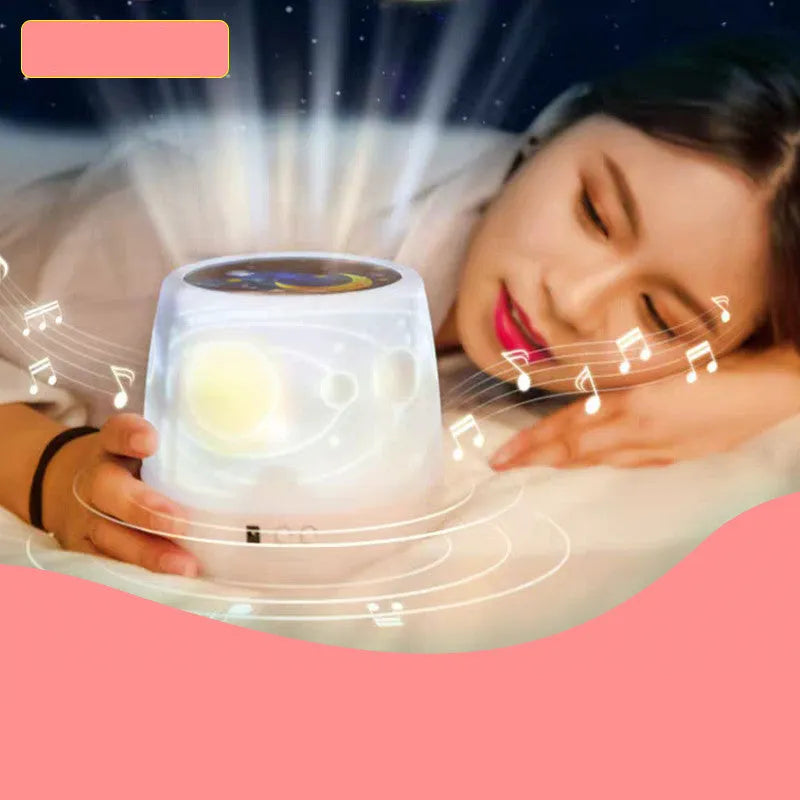 Pruixin projector night light showing rotating star pattern projection on a bedroom wall.