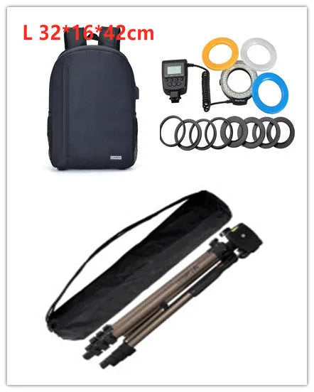 Aluminium camera tripod extended to 1.3m with hydraulic head, mobile phone holder, and Bluetooth remote on a table.