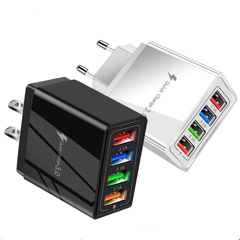 Simple Luminous 4-port USB wall charger in dark blue with LED light on, plugged into a socket.
