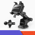 Black car phone holder with telescopic suction cup and dual-spring clip for dashboard mounting