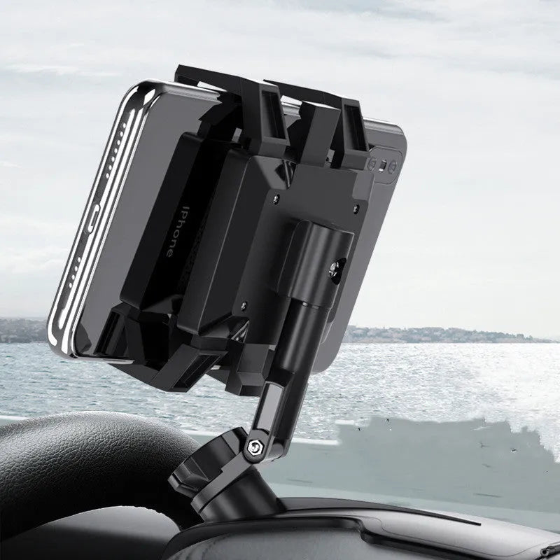 Black car phone holder with telescopic suction cup and dual-spring clip for dashboard mounting