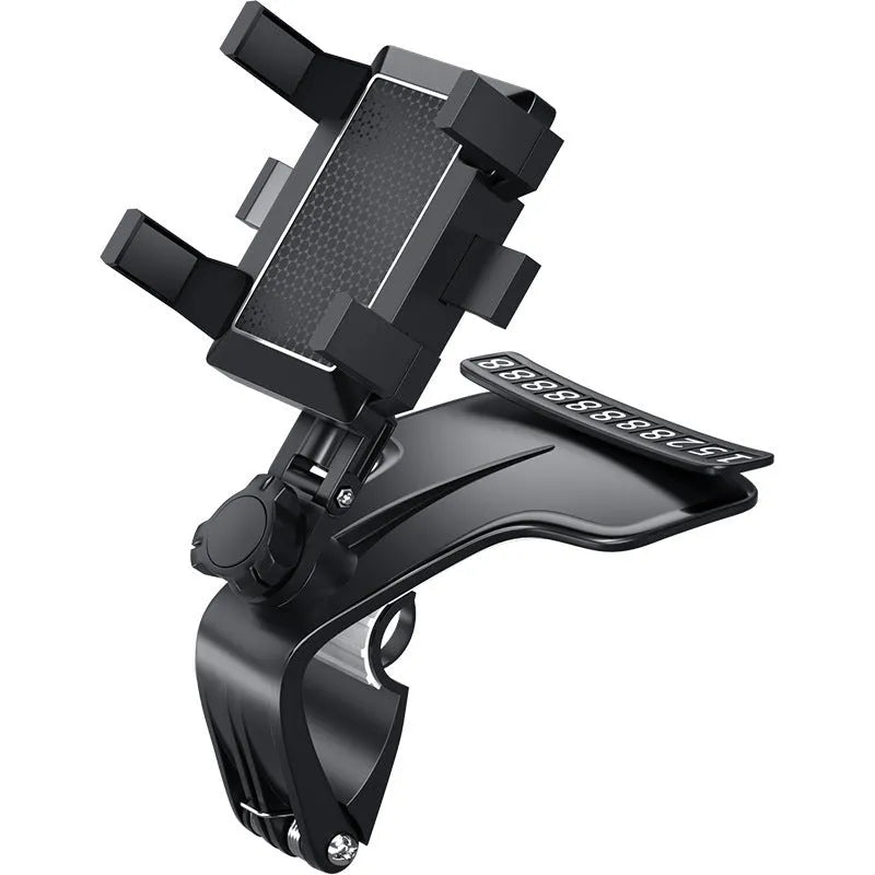 Black car phone holder with telescopic suction cup and dual-spring clip for dashboard mounting
