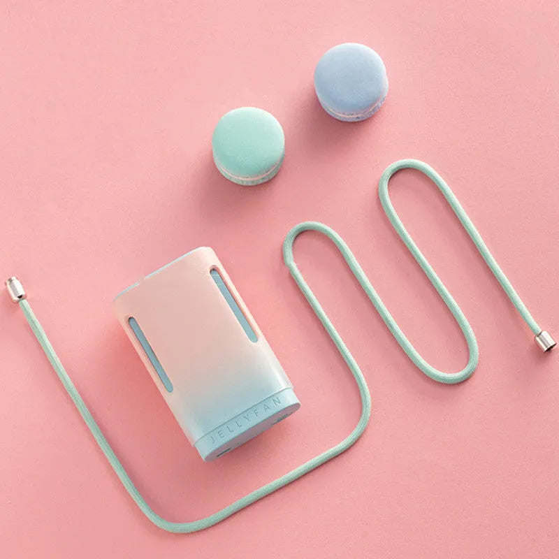 Jelly USB hanging neck fan in mint peach colour, compact and portable for hands-free cooling