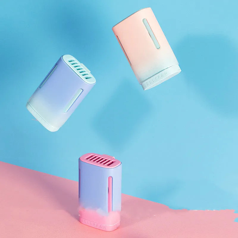 Jelly USB hanging neck fan in mint peach colour, compact and portable for hands-free cooling