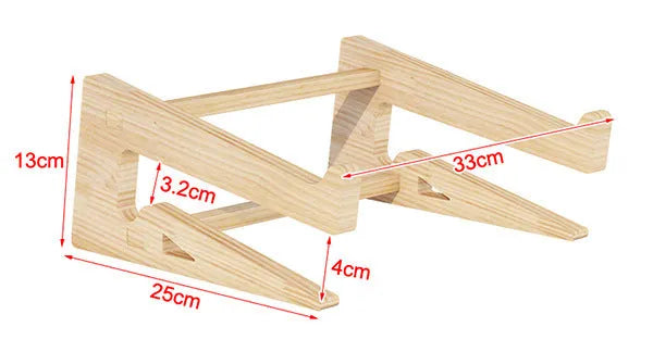 Solid wood notebook computer stand with raised cooling base on a desk, six style options for laptops
