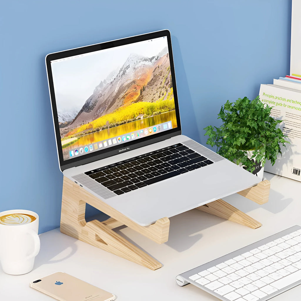 Solid wood notebook computer stand with raised cooling base on a desk, six style options for laptops