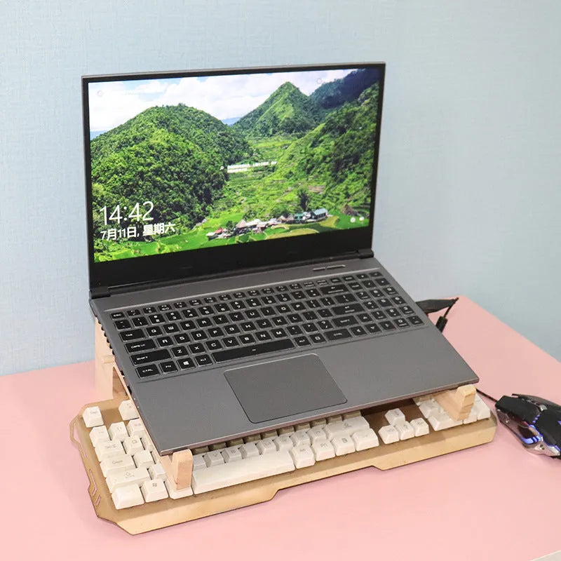 Solid wood notebook computer stand with raised cooling base on a desk, six style options for laptops
