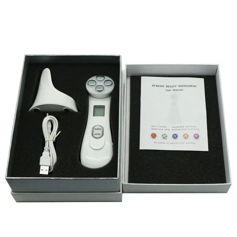 Facial LED colour light beauty instrument in ABS, 165 x 45 x 46mm, with USB cable and instruction leaflet