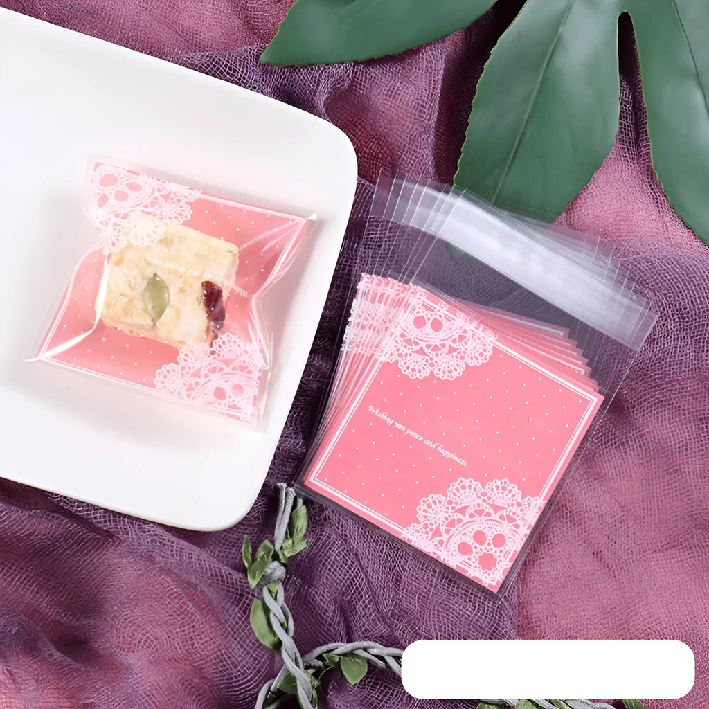 Pink self-adhesive plastic packaging bag with clear window and UV printing, showing 7x7cm dimensions.