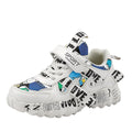 Kids' sneakers with Velcro strap in beige blue, white red, and bright red colour options on a rubber sole.