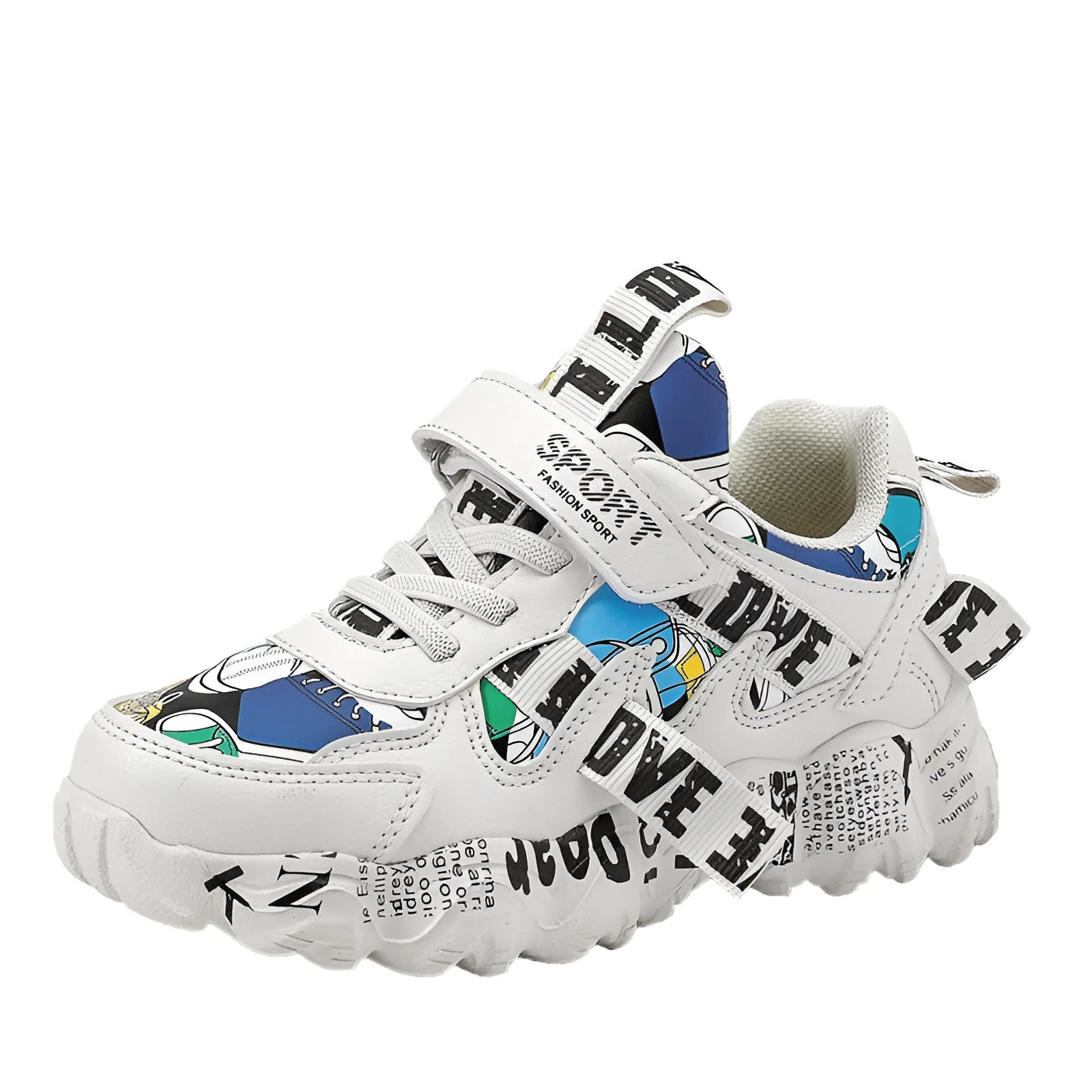 Kids' sneakers with Velcro strap in beige blue, white red, and bright red colour options on a rubber sole.