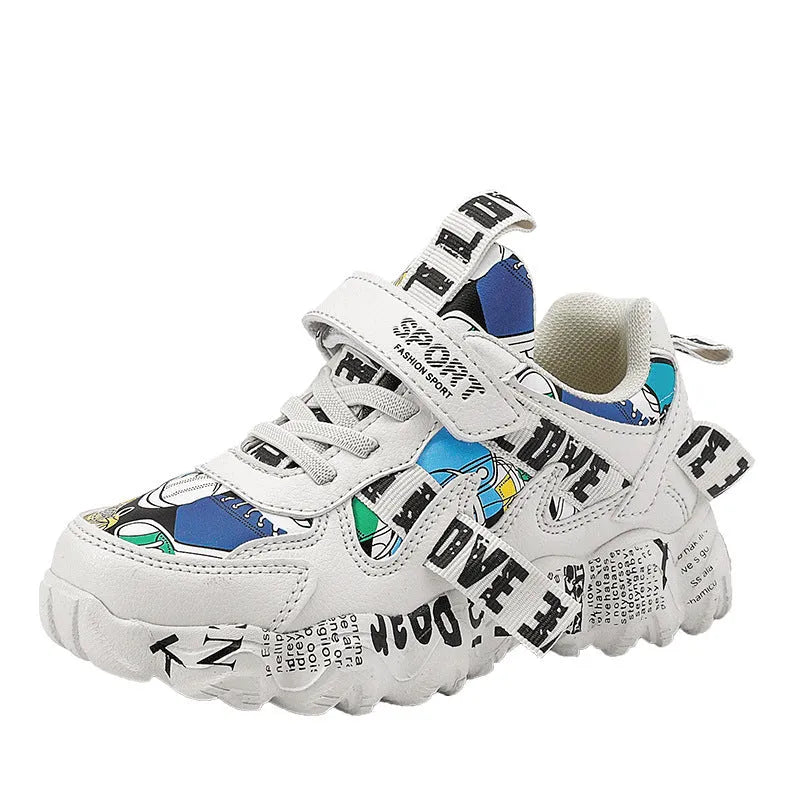 Kids' sneakers with Velcro strap in beige blue, white red, and bright red colour options on a rubber sole.