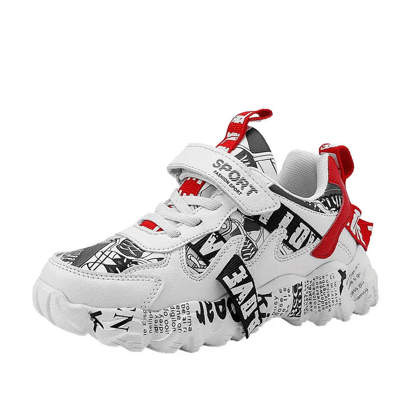 Kids' sneakers with Velcro strap in beige blue, white red, and bright red colour options on a rubber sole.