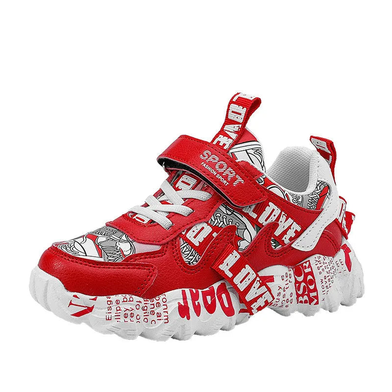 Kids' sneakers with Velcro strap in beige blue, white red, and bright red colour options on a rubber sole.