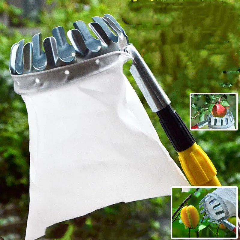 Steel-frame fruit picker basket with cloth catcher bag for garden harvesting