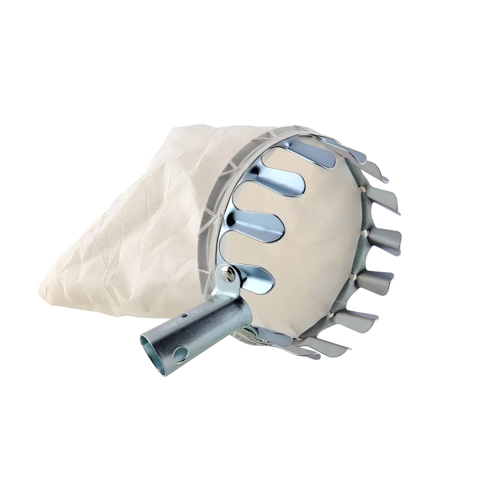 Steel-frame fruit picker basket with cloth catcher bag for garden harvesting