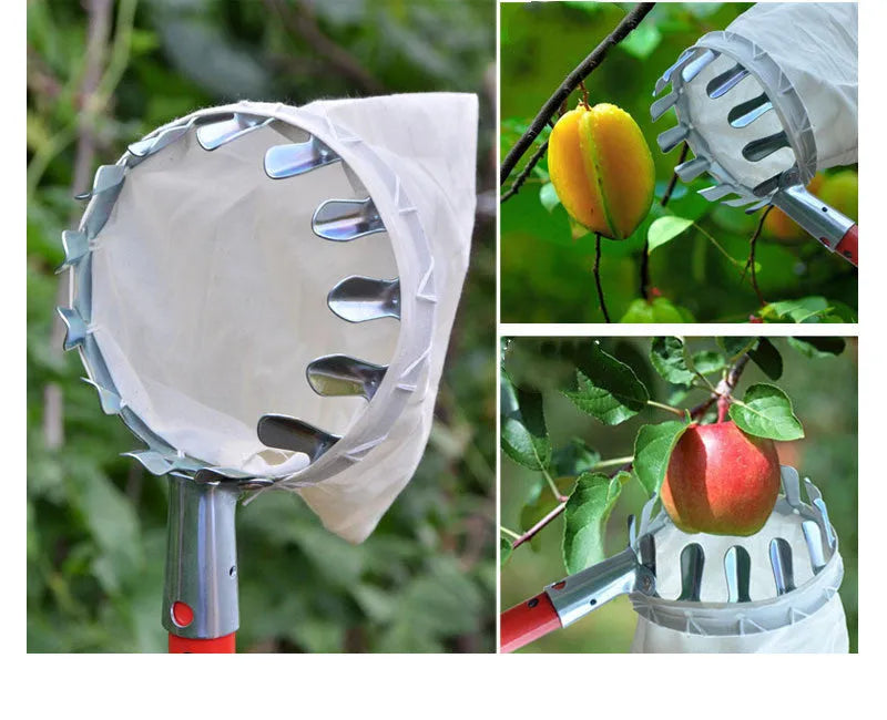 Steel-frame fruit picker basket with cloth catcher bag for garden harvesting