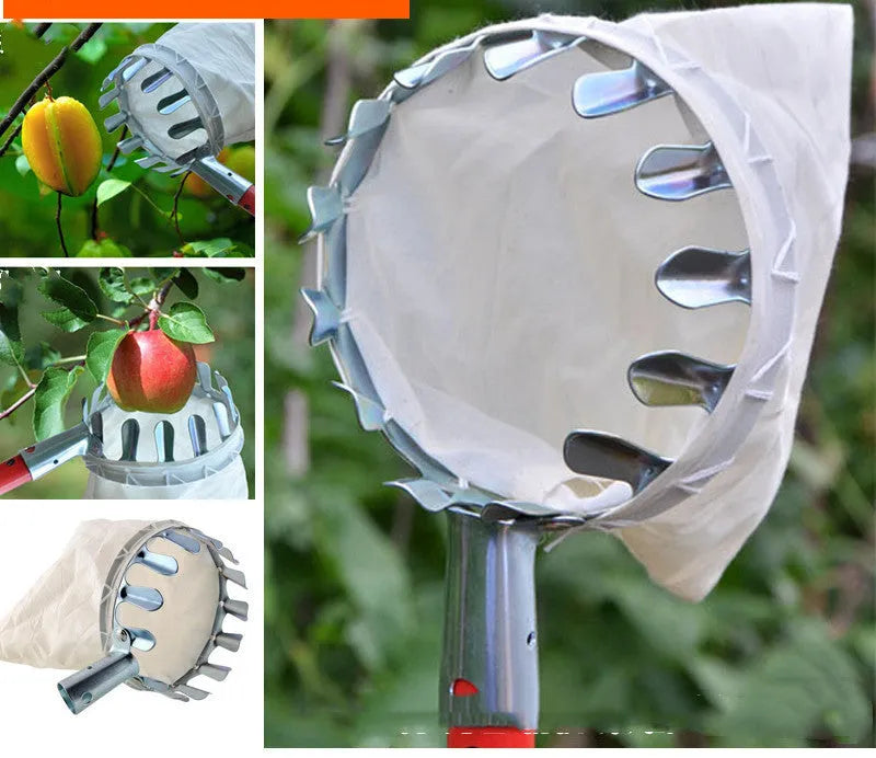 Steel-frame fruit picker basket with cloth catcher bag for garden harvesting