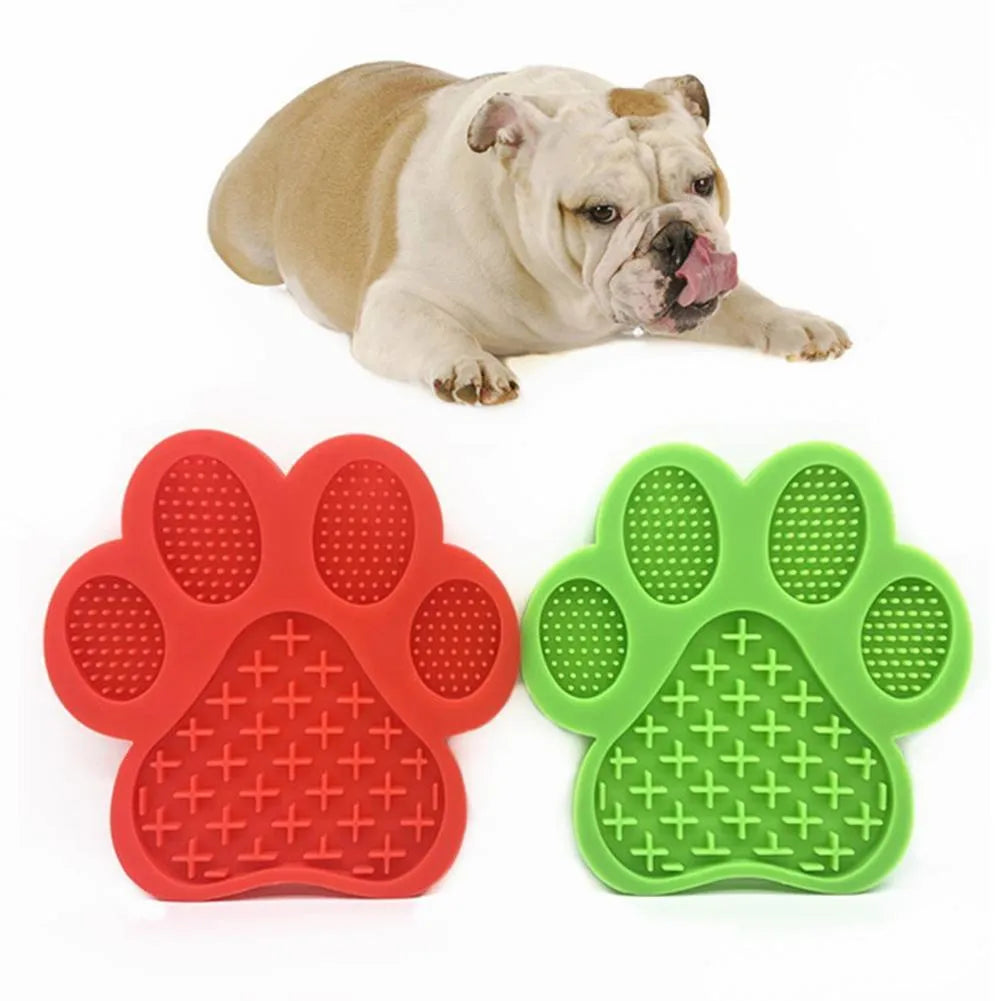 Paw-shaped silicone dog bath lick pad, 18cm x 18cm x 1.2cm, food-grade BPA-free, red sky blue blue green yellow