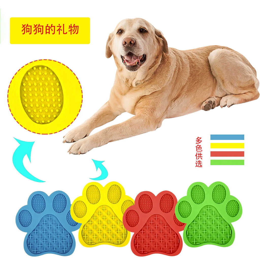 Paw-shaped silicone dog bath lick pad, 18cm x 18cm x 1.2cm, food-grade BPA-free, red sky blue blue green yellow