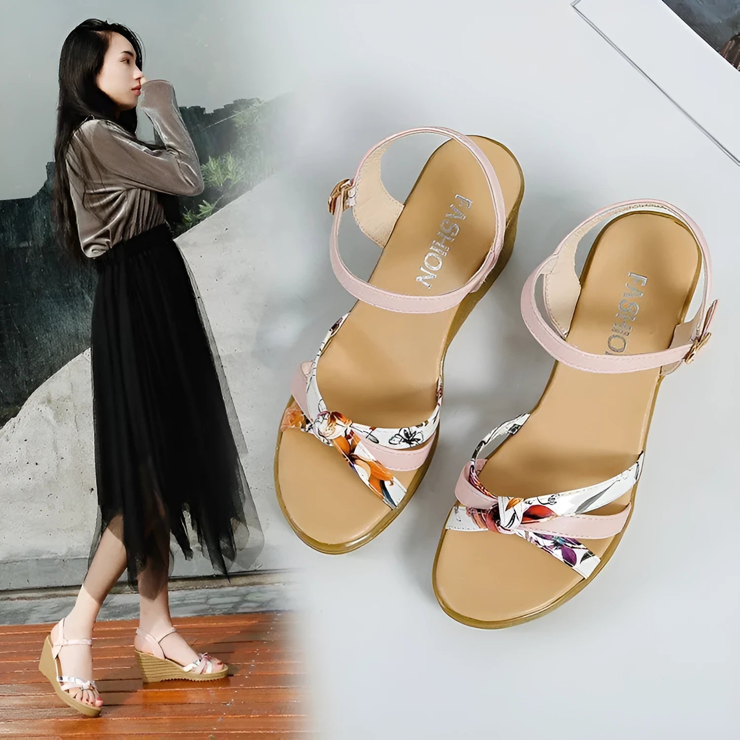 Women's pink wedge sandals with a thick heel, fish mouth design, and a silver buckle closure on a PU sole.