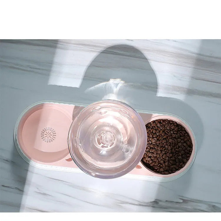 Automatic pet water feeder with 2.8L container and dual dishes in pink