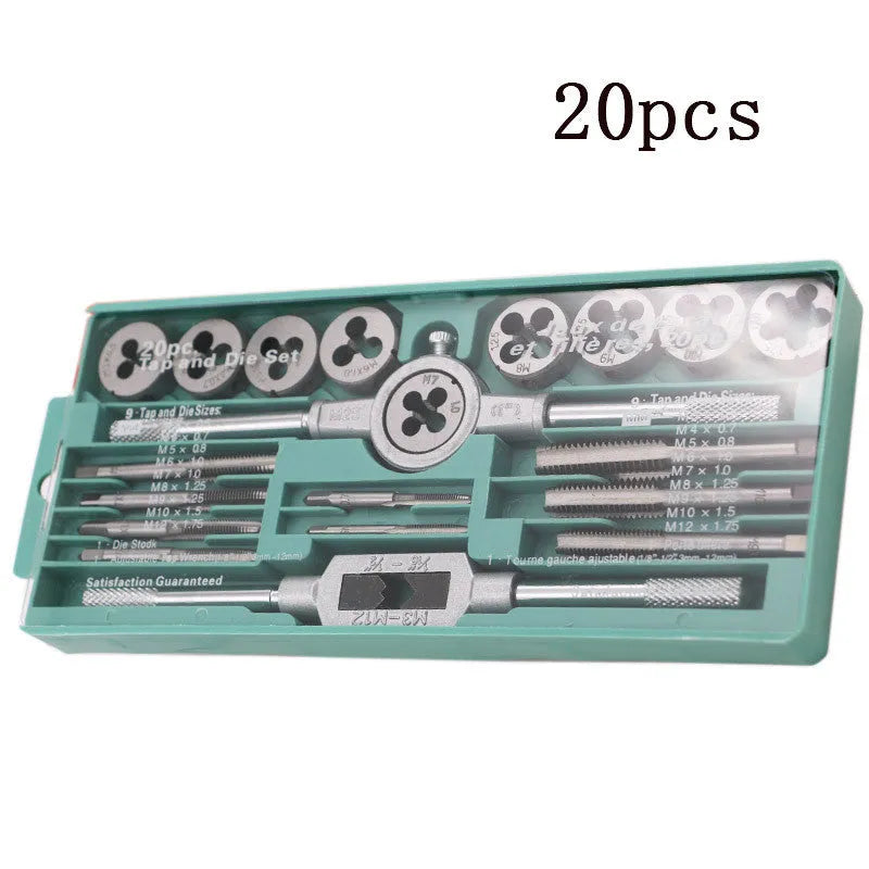 20-piece metric hand tap and die set with alloy steel tools and wrench for M3 to M12 threads