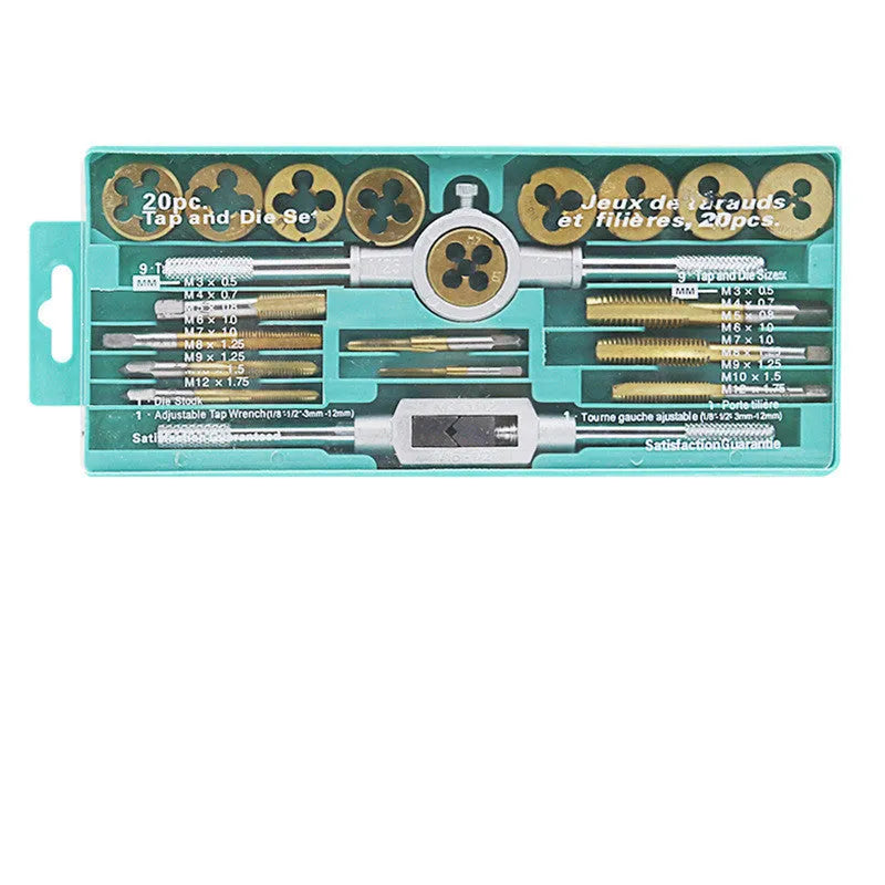 20-piece metric hand tap and die set with alloy steel tools and wrench for M3 to M12 threads