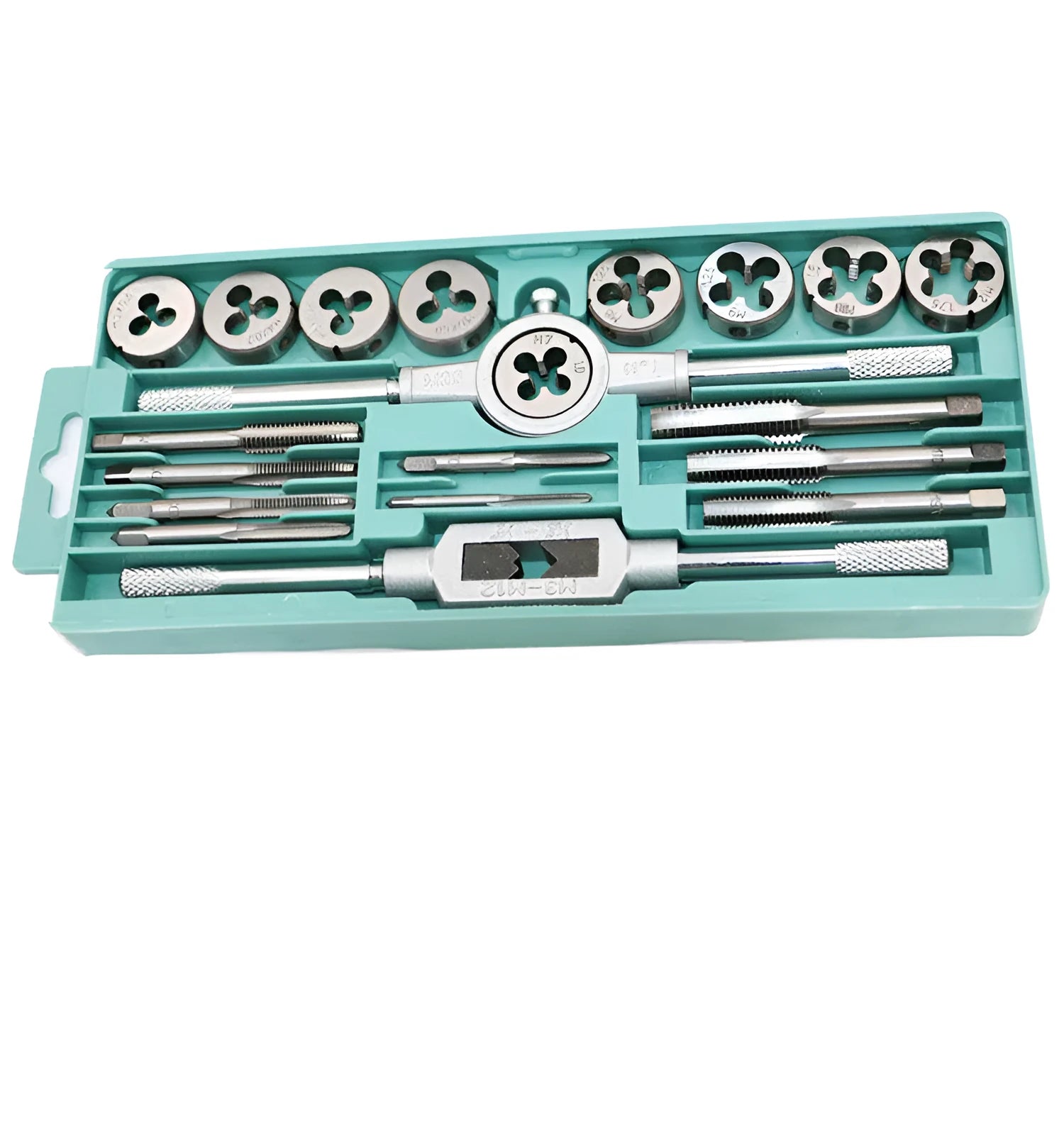 20-piece metric hand tap and die set with alloy steel tools and wrench for M3 to M12 threads
