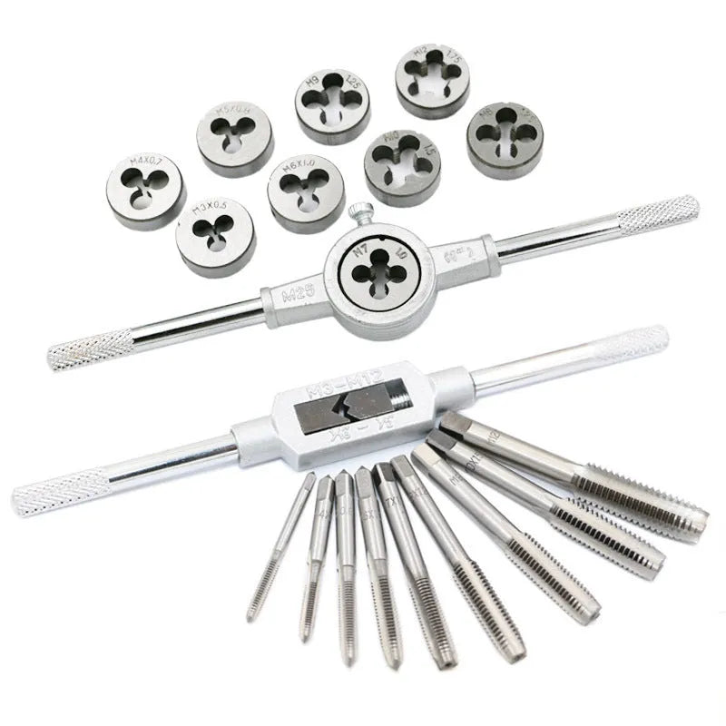 20-piece metric hand tap and die set with alloy steel tools and wrench for M3 to M12 threads