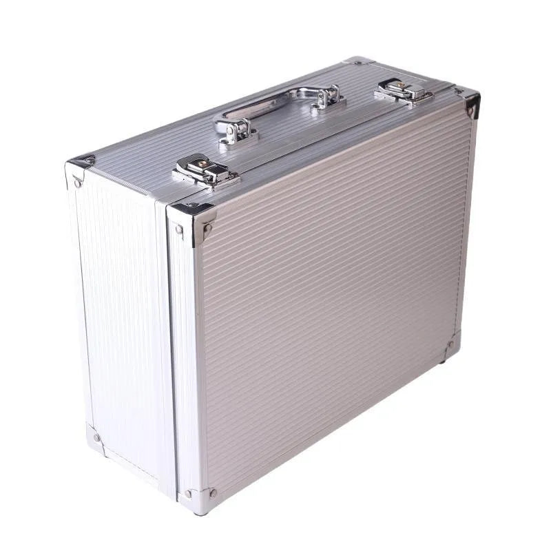 Black aluminium alloy tattoo equipment storage box with handle on a work surface