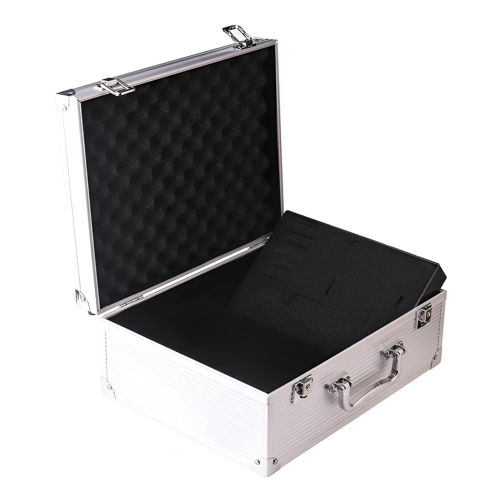 Black aluminium alloy tattoo equipment storage box with handle on a work surface