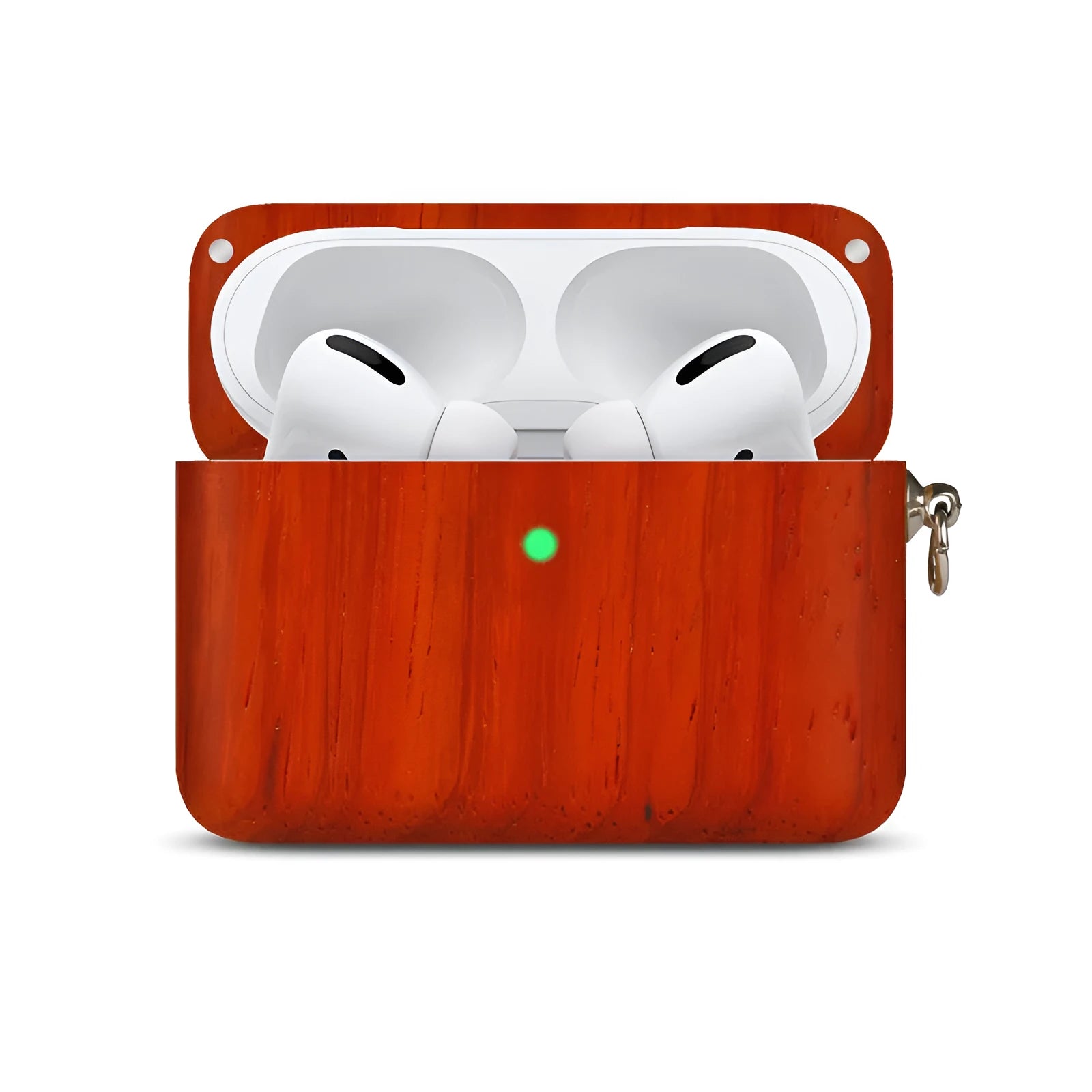 Carved solid wood sleeve for Bluetooth earphones in natural bamboo finish with lanyard loop.