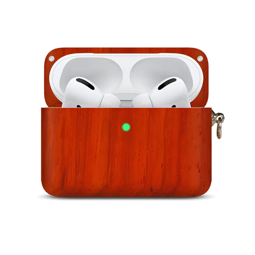 Carved solid wood sleeve for Bluetooth earphones in natural bamboo finish with lanyard loop.