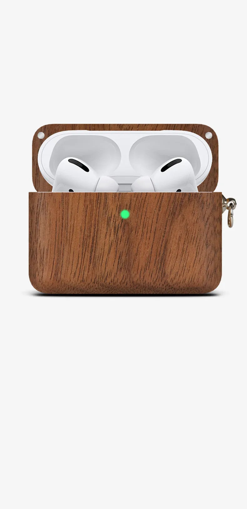 Carved solid wood sleeve for Bluetooth earphones in natural bamboo finish with lanyard loop.