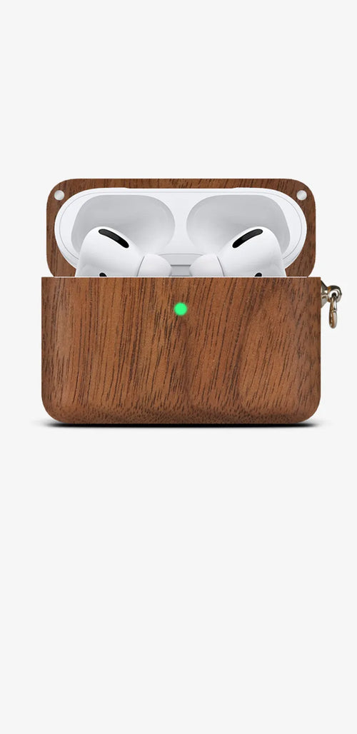 Carved solid wood sleeve for Bluetooth earphones in natural bamboo finish with lanyard loop.