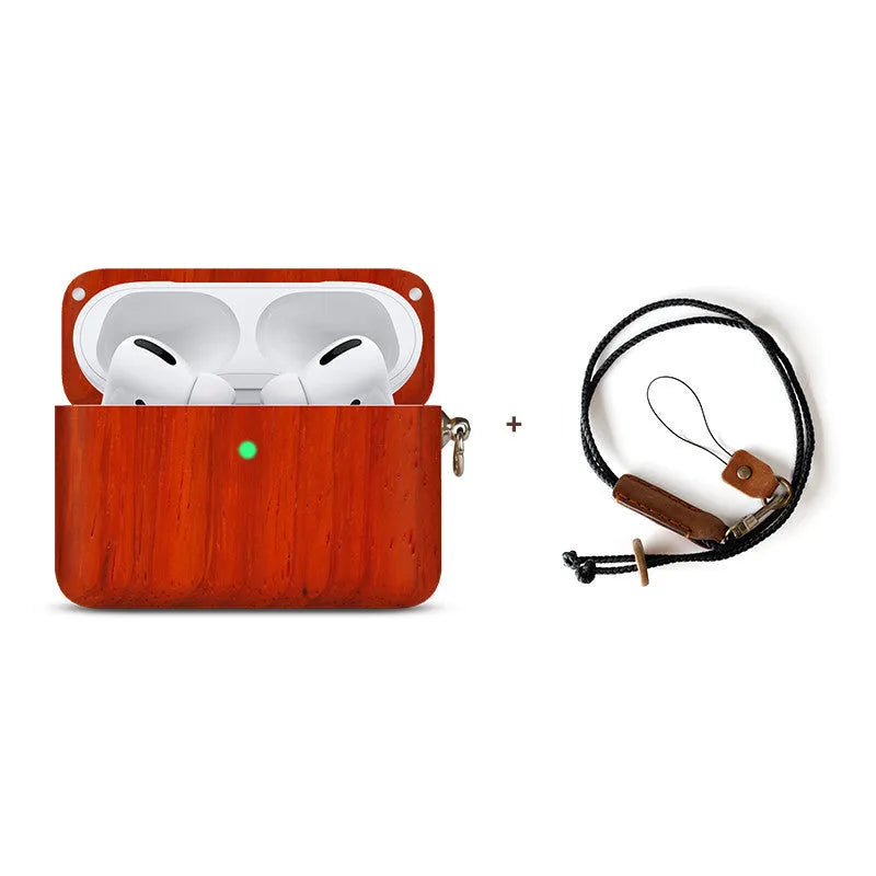 Carved solid wood sleeve for Bluetooth earphones in natural bamboo finish with lanyard loop.