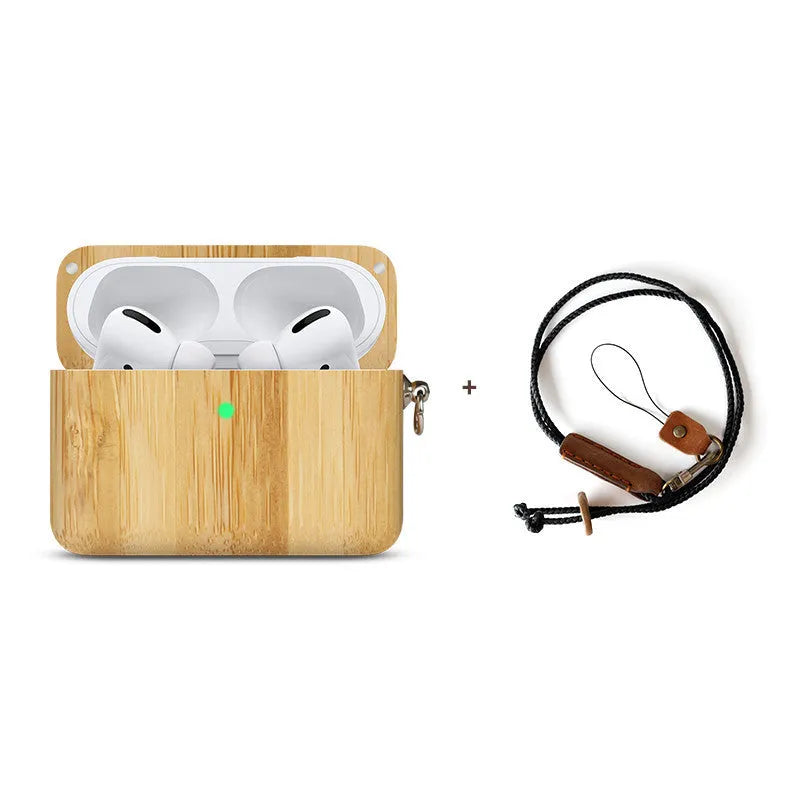 Carved solid wood sleeve for Bluetooth earphones in natural bamboo finish with lanyard loop.