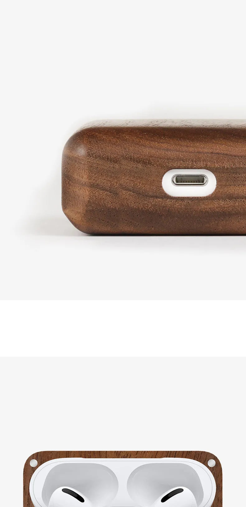 Carved solid wood sleeve for Bluetooth earphones in natural bamboo finish with lanyard loop.