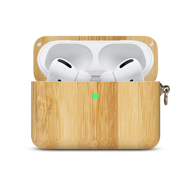 Carved solid wood sleeve for Bluetooth earphones in natural bamboo finish with lanyard loop.