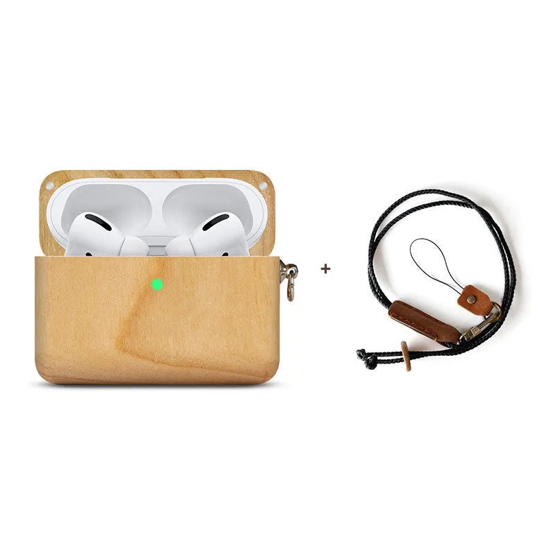 Carved solid wood sleeve for Bluetooth earphones in natural bamboo finish with lanyard loop.