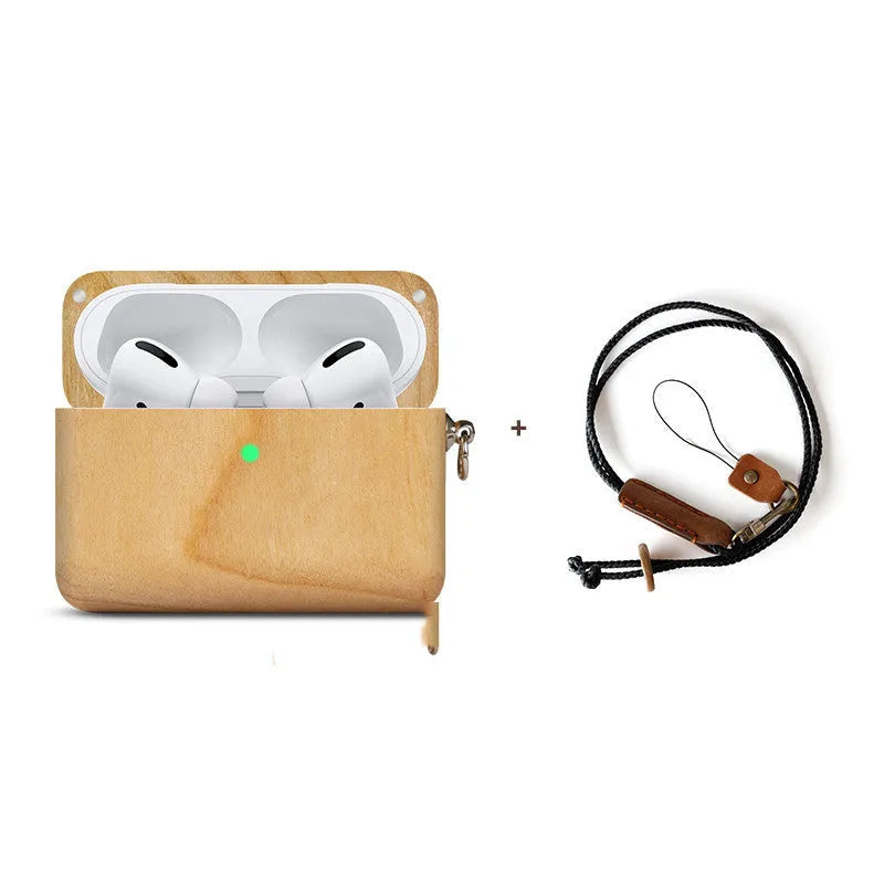 Carved solid wood sleeve for Bluetooth earphones in natural bamboo finish with lanyard loop.