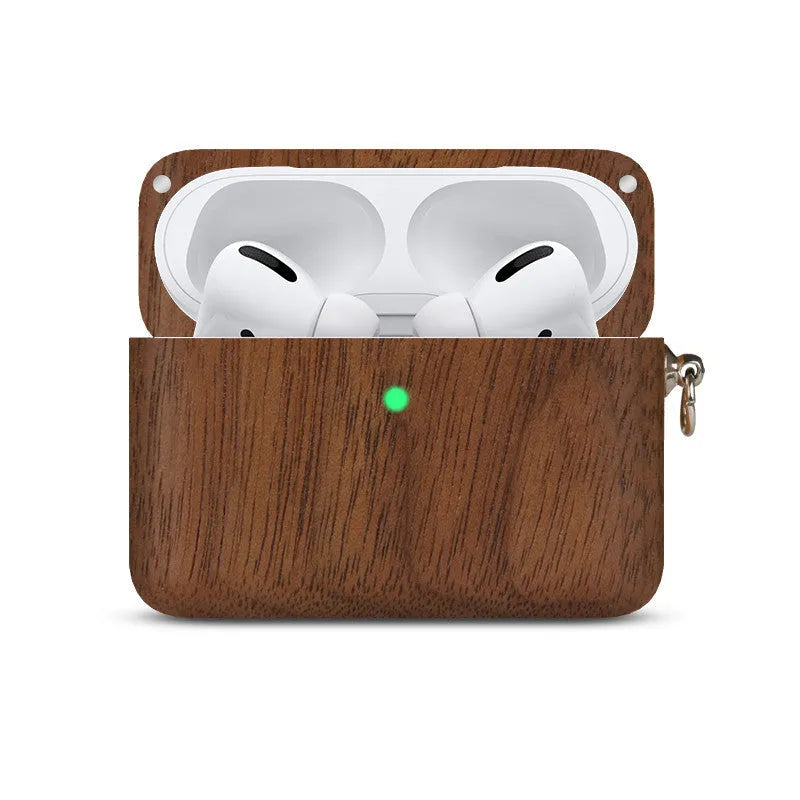 Carved solid wood sleeve for Bluetooth earphones in natural bamboo finish with lanyard loop.