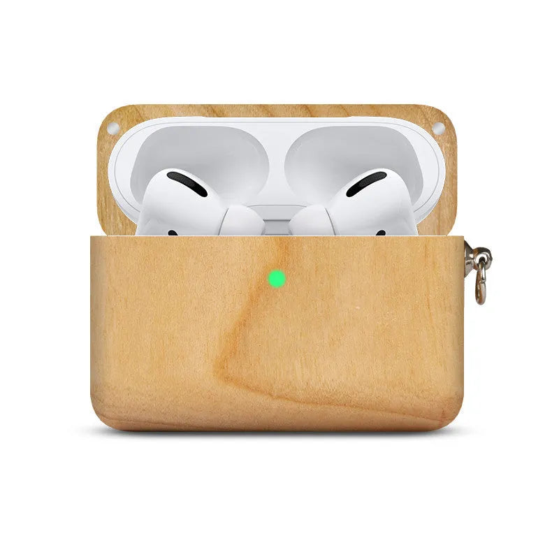 Carved solid wood sleeve for Bluetooth earphones in natural bamboo finish with lanyard loop.