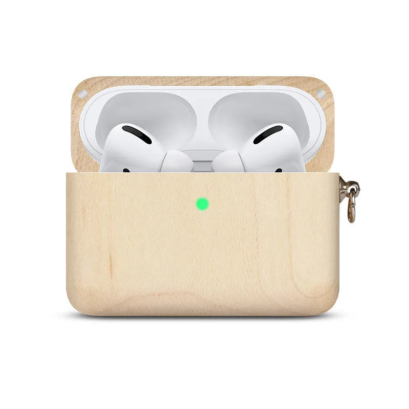Carved solid wood sleeve for Bluetooth earphones in natural bamboo finish with lanyard loop.