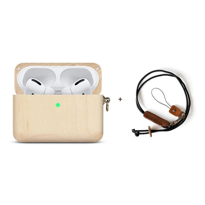 Carved solid wood sleeve for Bluetooth earphones in natural bamboo finish with lanyard loop.