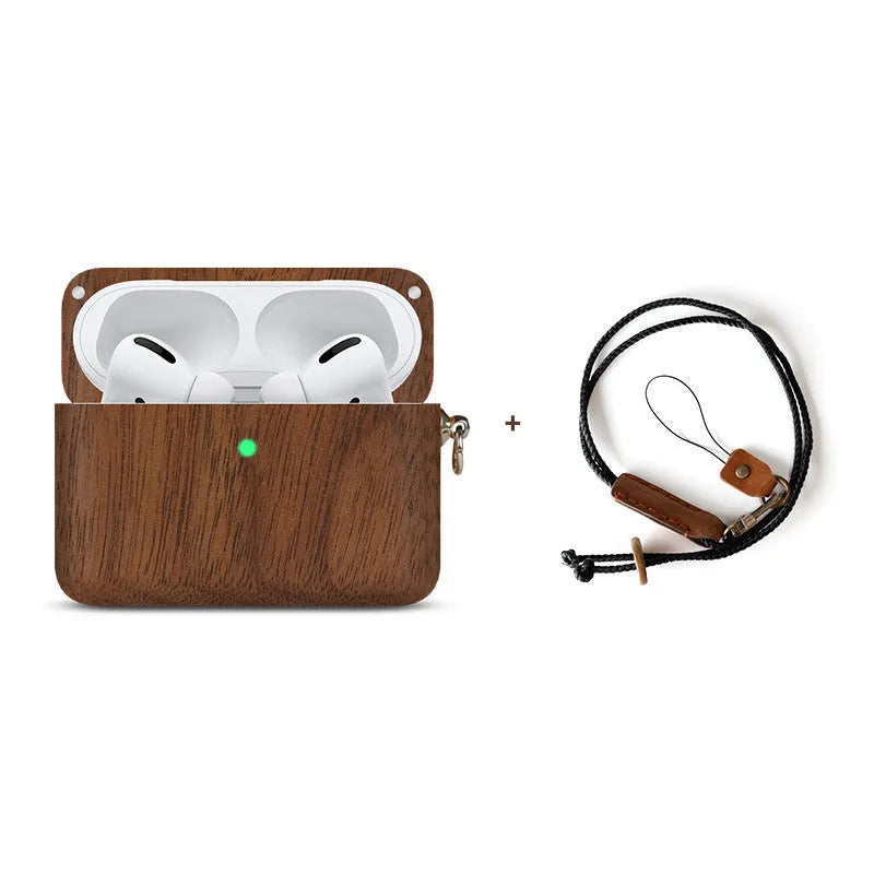 Carved solid wood sleeve for Bluetooth earphones in natural bamboo finish with lanyard loop.